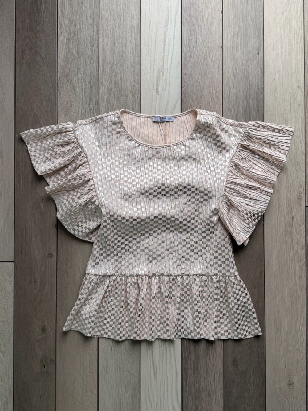 ZARA shiny pink and silver top with ruffled sleeves.